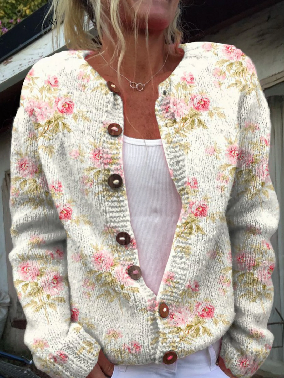 Lieke | Cardigan with Pink Flowers and Green Leaves