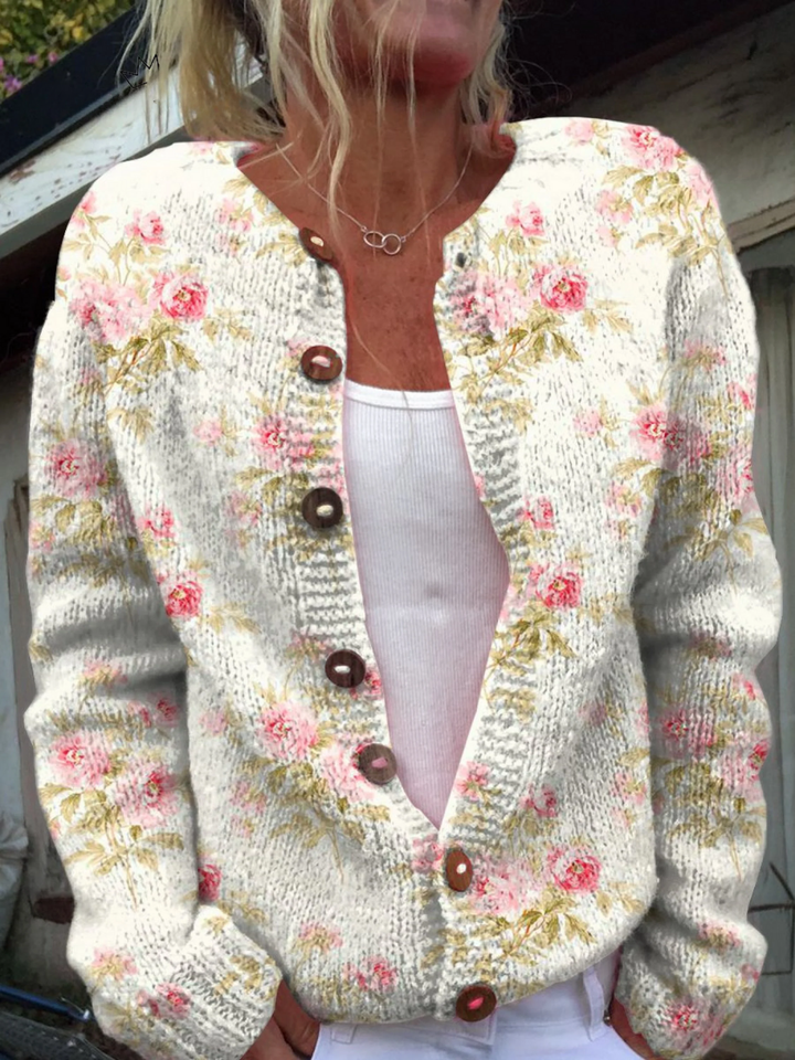 Lieke | Cardigan with Pink Flowers and Green Leaves