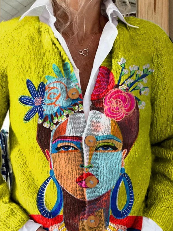 Bo | Cardigan with Frida Portrait in Oil Paint