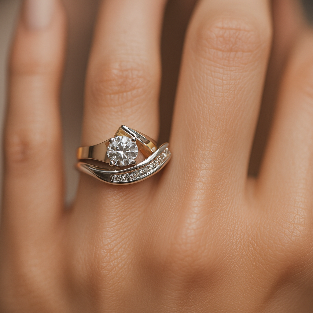 Carla – Asymmetrical vintage ring made of gold and silver with zirconia
