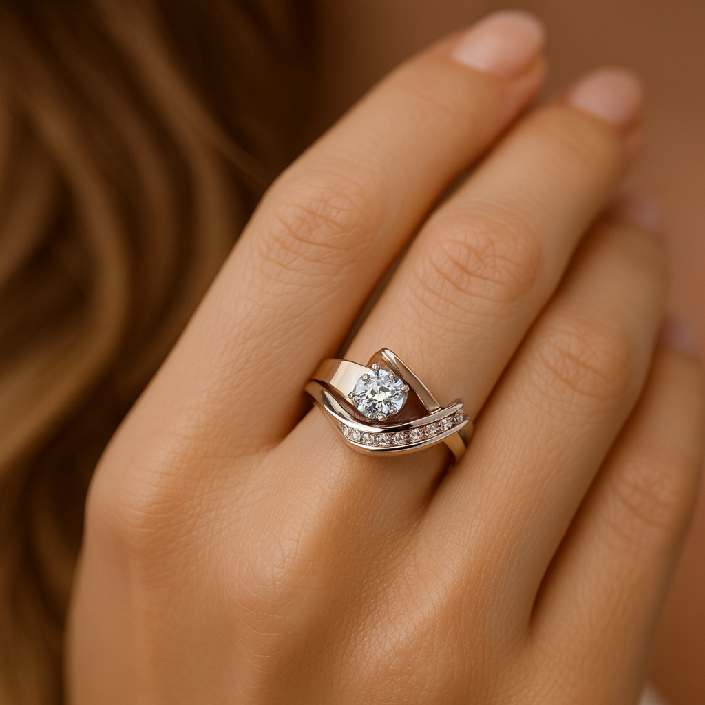 Carla – Asymmetrical vintage ring made of gold and silver with zirconia