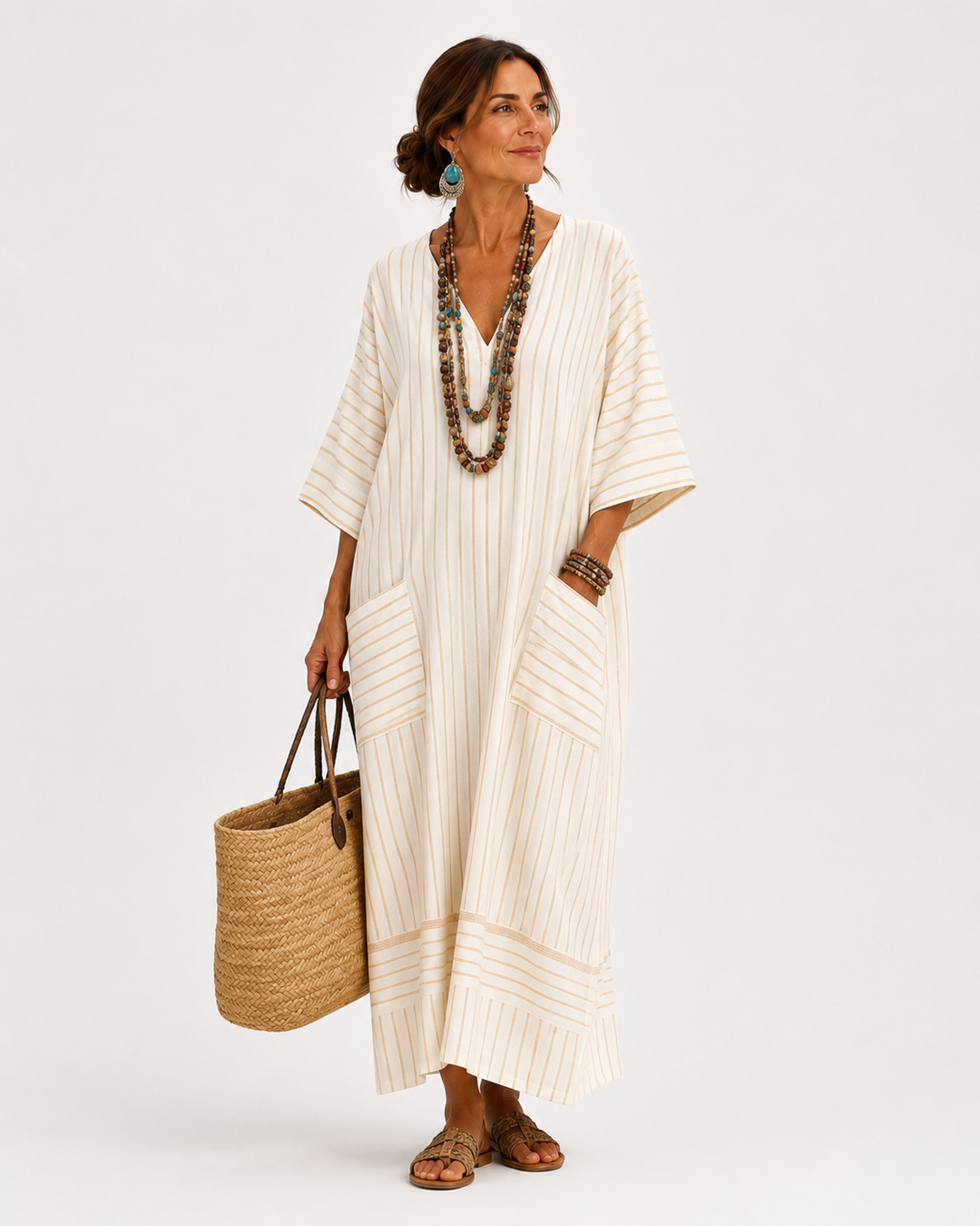 Beige Striped Caftan