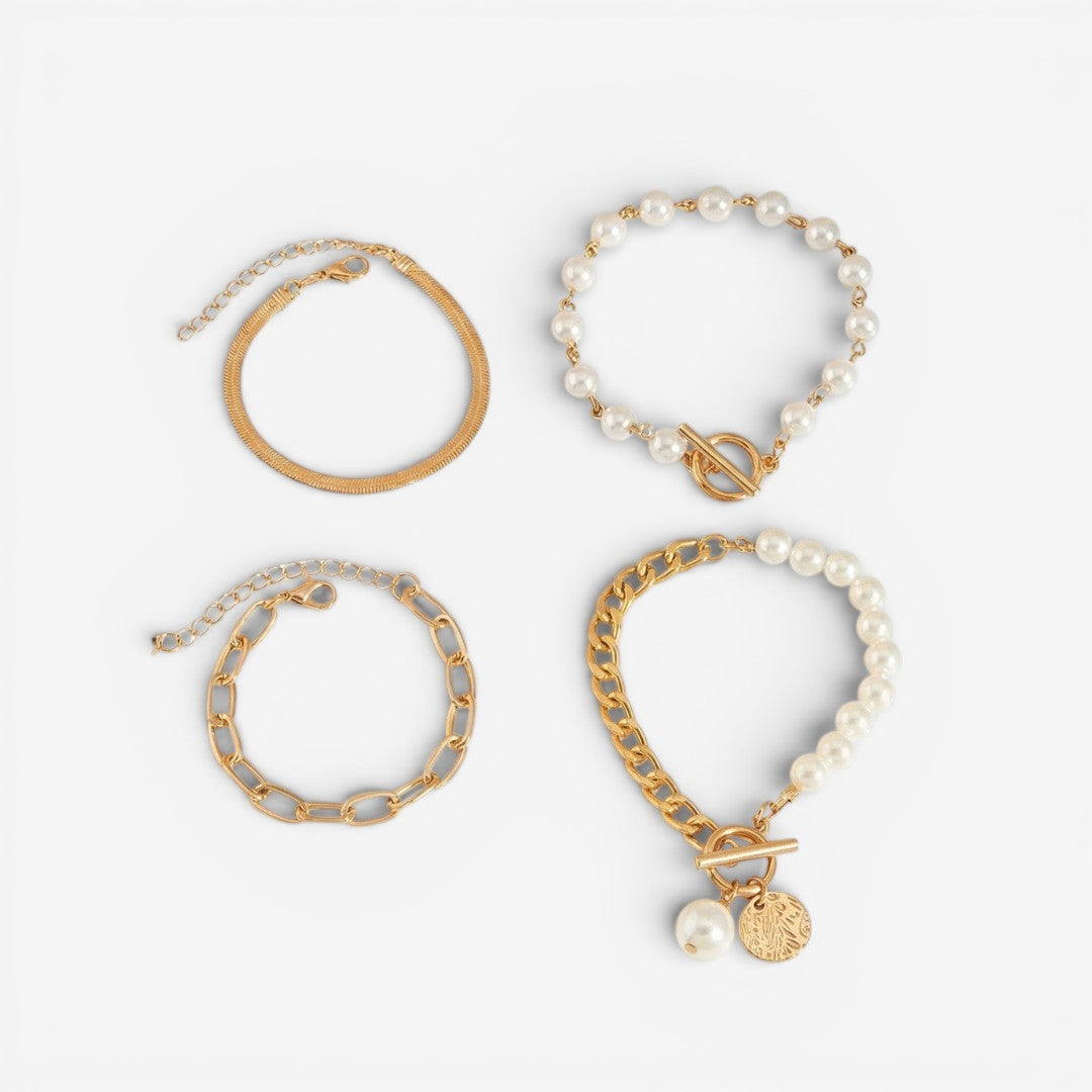 Chic set of 4 gold bracelets – Snake, pearls, and links