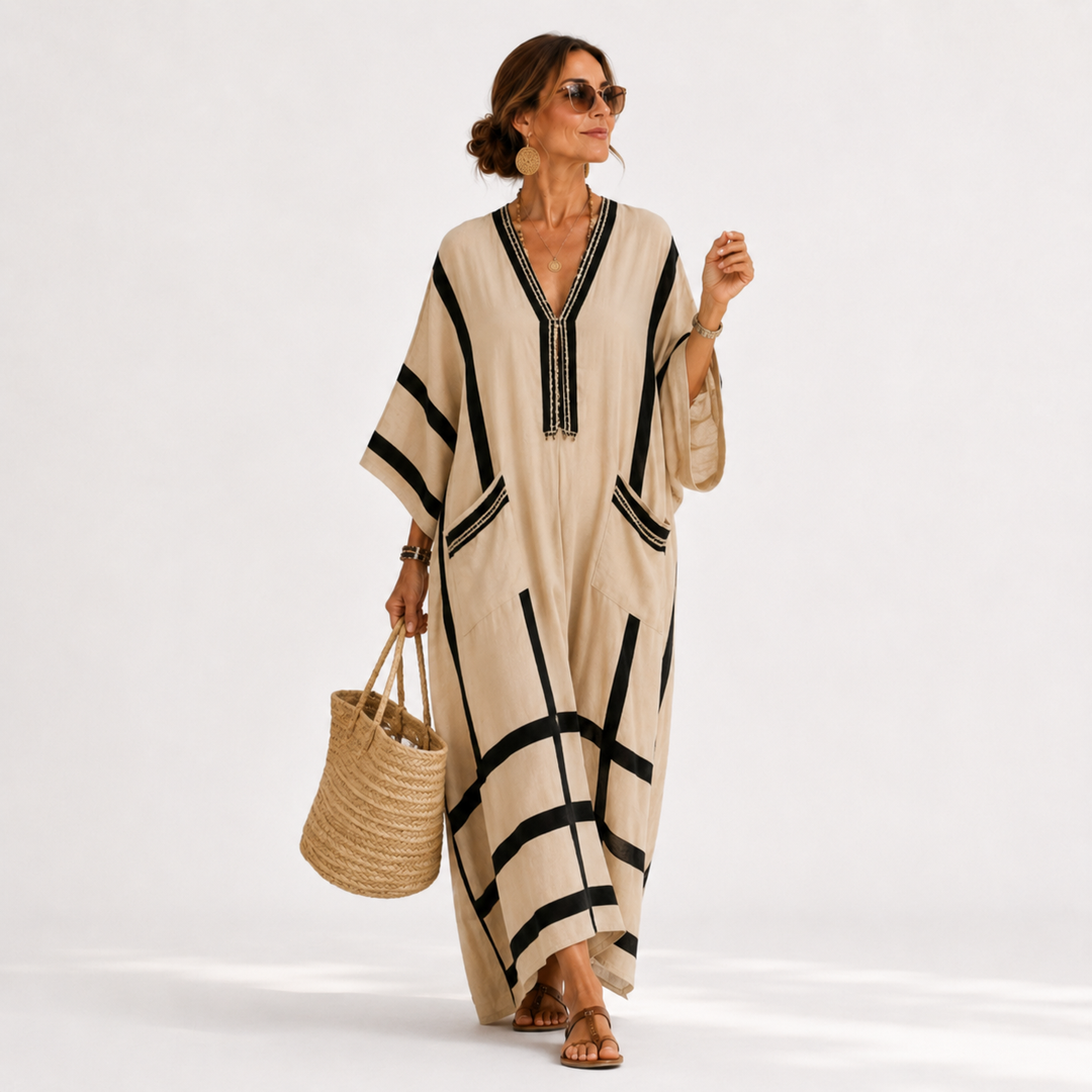 Beige Caftan Salma with Black Stripes