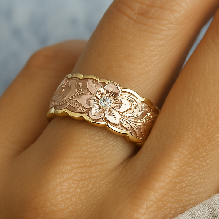 Golden Ring with Vintage Pink Flower