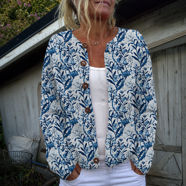 Elise | Elegant cardigan with blue and white flowers
