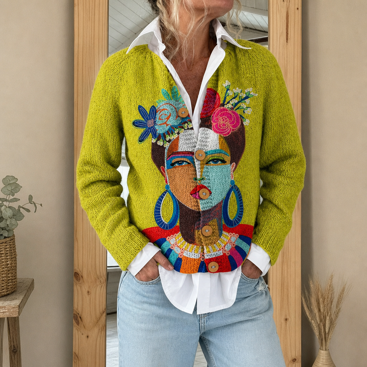 Bo | Cardigan with Frida Portrait in Oil Paint
