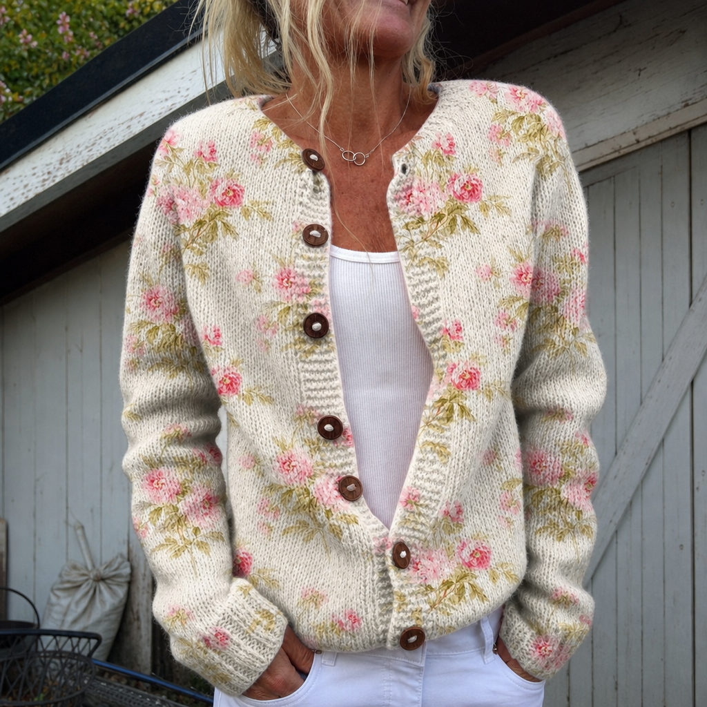 Lieke | Cardigan with Pink Flowers and Green Leaves