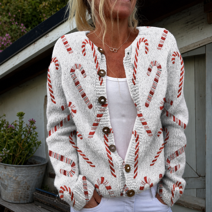 Zoë | Festive cardigan with candy cane pattern