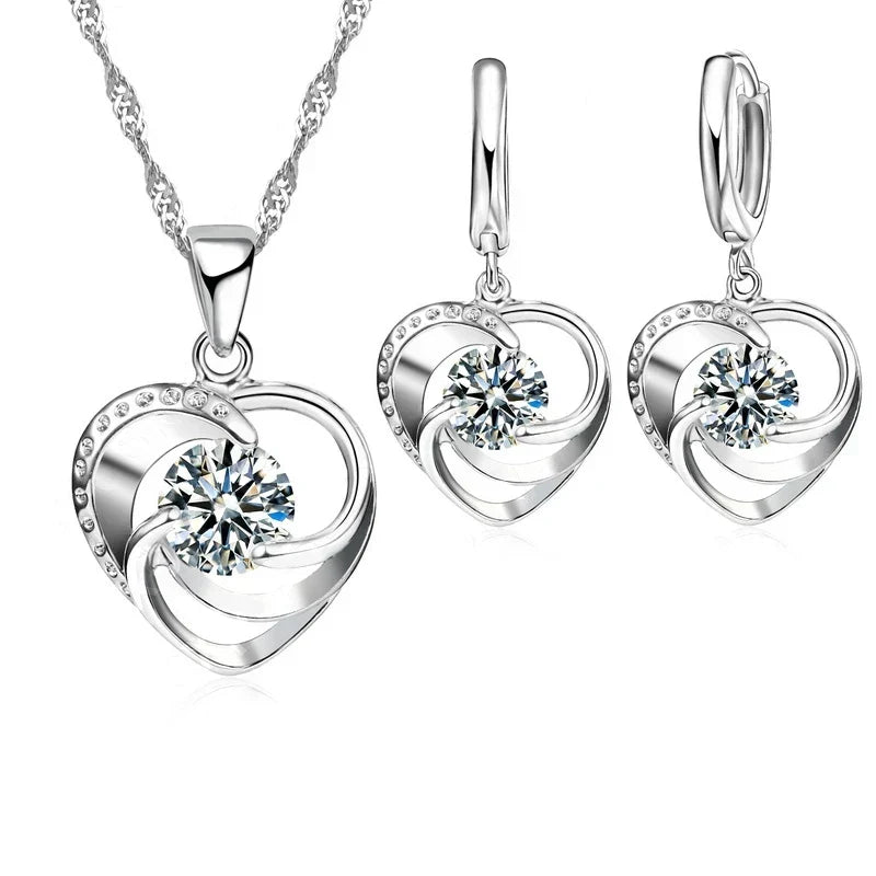 Pendant and Earrings in Heart-Shaped Sterling Silver