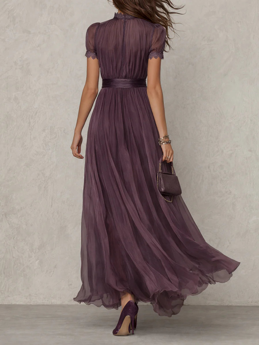 Purple Keyhole Neckline Chiffon Lace Trim Maxi Dress